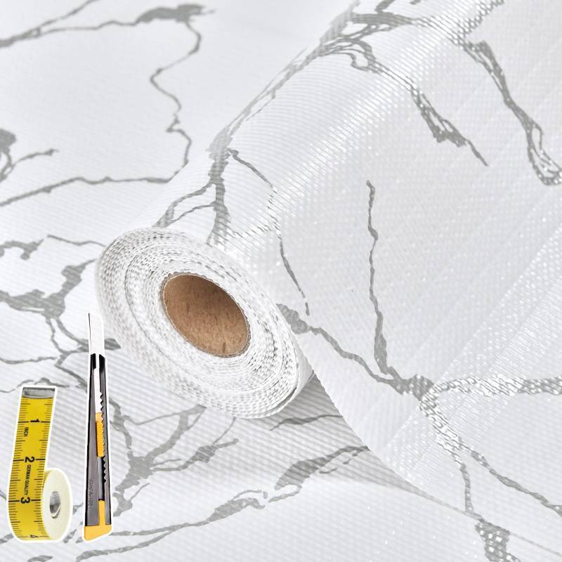 lot 54197 image: Drawer and Shelf Liner for Kitchen Cabinet 12 in X 20 Ft Non Slip Waterproof Shelf Paper Non Adhesive Refrigerator Liners Silver Marble Easy Liners for Bathroom with Knife Tape Measure