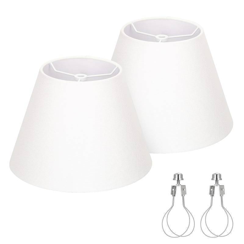 lot 55436 image: Small Lamp Shades Set of 2, 5.5 Top x 10 Bottom x 6.6 High, Small White Lamp Shades for Table Lamps, Fabric Lampshade Replacement for Bedside Lamp, Wall Sconces, Spider, Clip on Adapters Included