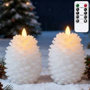 lot 24007 image: Eldnacele LED Pine Cone Candles with Remote Timer, Battery Operated Flameless Candles Unscented Wax Pinecone Candle White 2 Pack for Christmas Home Party Decoration Brown