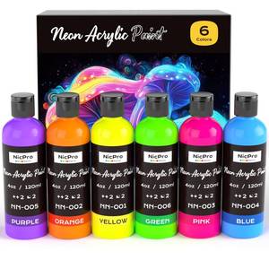 lot 24030 image: Nicpro 6 Colors Fluorescent Acrylic Paint Set (4 oz, 120 ml), Glow in the Black Light, Non-Toxic & Vibrant Neon Paint for Neon Party Decoration, DIY Project on Multi-Surface, Canvas, Rock, Wood, Craft