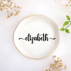 lot 24032 image: JoycuFF Elizabeth Personalized Name Ceramic Jewelry Tray, Mothers Day Christmas Anniversary Engagement Birthday Gifts for Women Couples, Trinket Dish for Rings Earrings Necklaces Bracelets Keys