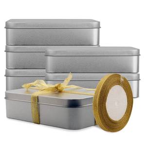 lot 24048 image: Coobbar Empty Metal Tins Box with Lid,6 Pack Stainless steel Tins Cans Storage Container for Treats, Gifts, Candle, Favors and Crafts, Silver (6.3 x 4.3 x 1.4 Inches)