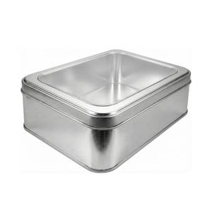 lot 24062 image: hadaaya Silver Rectangular Tin Container With Clear Lid, Single Piece Multipurpose Tin, Valentines Day Gifting Tin Box for Gift Giving, Cookies, Stationery & More - 7.25 x 5.25 x 2.25 Inches