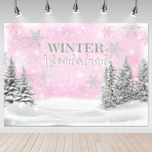 lot 39534 image: Mocsicka Pink Winter Wonderland Backdrop Girl Birthday Background with Silver Snowflakes Party Cake Table Decoration Banner Photo Booth Props (7x5ft)