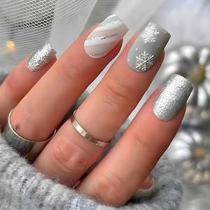 lot 39545 image: Christmas Snowflake Press on Nails Short Square Fake Nails with Silver Glitter Full Cover Designs Stripes False Nails Xmas Winter Glue on Nails Sparkling Artificial Stick on Nails for Women Girl 24Pcs