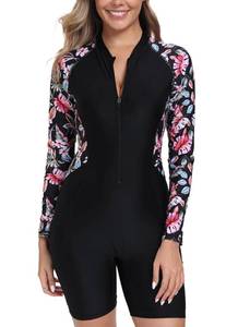 lot 39575 image: Halcurt Womens Boyleg One Piece Rash Guard with Built in Bra Zip Front UPF50 Long Sleeve Full Body Surfing Swimsuit Black M