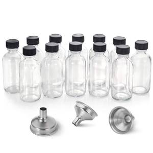 lot 48183 image: Small Clear Glass Bottles wLid & 3 Funnels - 60ml Boston Shot Bottles for Health, Immunity, Potion, Wellness, Sample, Ginger, Juice - Mini Personal Care & Beauty Travel Bottle 12 pack  2 oz