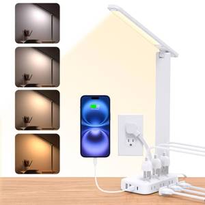 lot 48186 image: One Beat Desk Lamp with 6 Outlets 4 USB Ports(2 USB-C),Eye Protection Table Lamp Power Strip with 4 Color Modes 5 Brightness Touch LED Desk Lamps for Home Office College Dorm Room Essentials(White