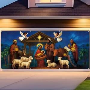 lot 48194 image: Remagr African American Nativity Scene Garage Door Cover - 7 x 16 ft Christmas Religion Wall Backdrop Banner Hanging Garage Decorations for Holiday Jesus Christianity Party Backgrounds