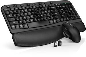 lot 48208 image: Wireless Keyboard and Mouse Combo Ergonomic Wave Key, Built-in Leather Soft Palm Rest, 2.4G Full Size, 8 Hotkeys, 6-Button Mouse with 4-Level DPI, Dual USB-AUSB-C, Windows & macOS Compatible