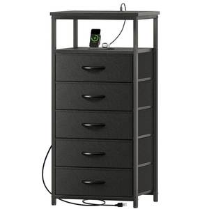 lot 48214 image: Huuger 5 Drawers Dresser with Charging Station, Dresser for Bedroom, Tall Night Stand, Chest of Drawers with Open Shelf, Bedside Table Nightstand, Fabric Storage Drawers, for Entryway, Black
