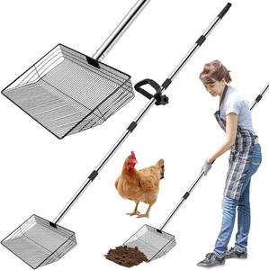lot 48223 image: Chicken Poop Scooper & Rake - 10-Inch Large Stainless Steel Shovel Head, Adjustable Handle (37-65in) with Sifting, Ergonomic Grip for Chicken Coop, Animal Farm & Pet Waste Removal 2 in 1