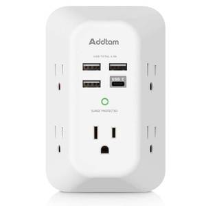 lot 48224 image: Addtam USB Wall Charger Surge Protector 5 Outlet Extender with 4 USB Charging Ports (1 USB C Outlet) 3 Sided 1800J Power Strip Multi Plug Outlets Wall Adapter Spaced for Home Travel Office ETL Listed