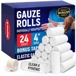 lot 55038 image: 24 Gauze Rolls - 4 x 4.1yd - Soft and Breathable Rolled Gauze - Latex-Free Premium Individually Wrapped Bandages with Bonus Tape - First Aid Conforming Stretch Wrap for Wound Care - Vet Wrap