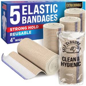 lot 55039 image: Premium Elastic Bandage Wrap - 4 (5pk) - Strong Compression - Self-Closing Reusable Bandages for Legs and Arms - Wrist, Elbow, Foot, Knee Wrap