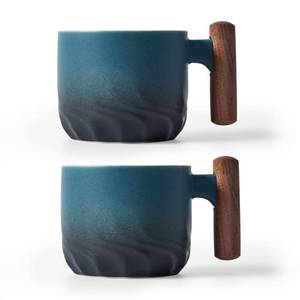 lot 55046 image: BlogBlog Ceramic Espresso Cups with Wooden Handle Espresso Shot Cups Ceramic Tea Cups Porcelain Demitasse Cups for Coffee or Tea, 2oz (blue, 2)