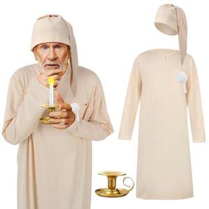 lot 55048 image: Liitrsh 3 Pcs Christmas Nightshirt Costume Cosplay Christmas Mens Pajama Nightgown Adjustable Sleep Cap Candle Holder(Large,Beige)