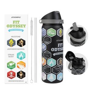 lot 55795 image: 32 oz Motivational Insulated Stainless Steel Water Bottle for Sports, Gym & Travel, 2-in-1 Push-Button Spout & Quick-Flip Straw, Leak-Proof BPA-Free, Keeps Cold 30H, with DIY Fitness Stickers