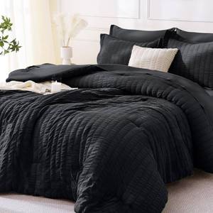lot 55803 image: MUXHOMO 7 Pieces King Comforter Set, Seersucker Bed in a Bag King Size, All Season Luxury Bedding Set with Comforter, Flat Sheet, Fitted Sheet, Pillowcases & Shams, Black