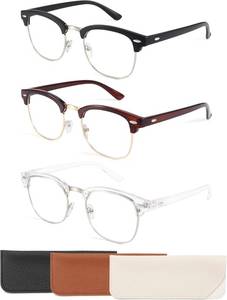 lot 55805 image: CCVOO 3 Pack Reading Glasses Blue Light Blocking, Retro Semi Rimless Readers for Men Women, Round Eyewear Filter UV400