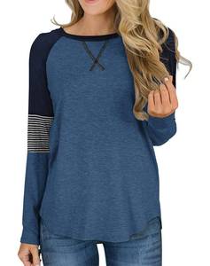 lot 4801 image: Hilltichu Womens Color Block Round Neck Tunic Tops Casual Long Sleeve Shirt Blouse B-Blue Large