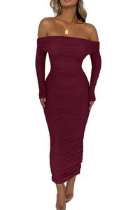 lot 4804 image: PRETTYGARDEN Womens Fall Off Shoulder Maxi Bodycon Dress Long Sleeve Ruched Fitted Club Dresses with Slit (Wine Red,Large)