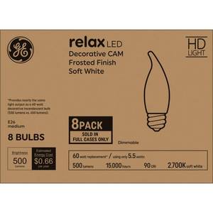 lot 4805 image: GE Relax LED Light Bulbs 60W, Soft White Candle Lights, Frosted Decorative Light Bulbs, Medium Base (8 Pack)