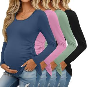 lot 4816 image: Ficerd 4 Pack Womens Maternity Shirts Long Sleeve Side Ruched Tops Crew Neck Fall Pregnancy T-Shirts Casual Mama Clothes(Black, Green, Dark Pink, Haze Blue XL)