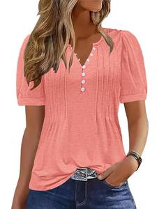 lot 4821 image: ETCYY Womens Shirts Dressy Casual Short Sleeve 2026 Summer Tops Spring V Neck Button Down Pleated Ladies Tunic Blouses,Pure Pink,Small