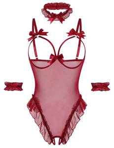 lot 4840 image: Avidlove Womens Lingerie Bodysuit 4 Piece Set Sheer Mesh Teddy Babydoll with Detachable Collar and Wrist Cuffs