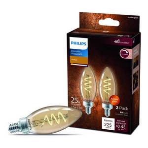lot 4854 image: Philips Vintage LED 25-Watt B11 Filament Candle Spiral Light Bulb  Amber  Dimmable  E12 Candelabra Base (2-Pack)