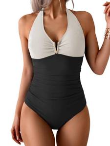 lot 4871 image: B2prity One Piece Swimsuit for Women Tummy Control Halter Bathing Suit V Neck Push Up Swim Suit Ruched Swimwear White, Black, Small