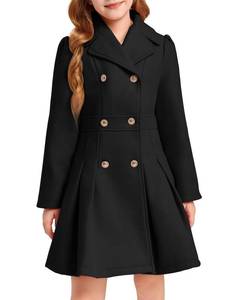 lot 4877 image: Haloumoning Girls Winter Dress Coat Button Peacoat Notch Lapel Double Breasted Outerwear with Pockets 5-14 Years, Black, 5-6 Years