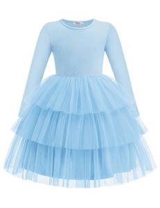 lot 4880 image: Arshiner Toddler Girls Dresses Long Sleeve Blue Formal Holiday Party Tutu Dress for Kids 6 Years