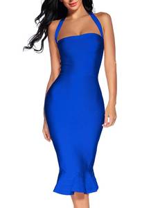 lot 4882 image: Womens Bandage Dress Sexy Halter Fishtail Bodycon Holiday Party Club Wedding Guest Dress (Blue, L)