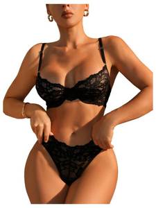 lot 4884 image: SOLY HUX Womens Floral Lace Sheer Underwire Bralette Bra and Panty Lingerie Set Pure Black Medium