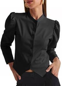lot 4897 image: Tankaneo Womens Puff Sleeve Button Down Shirts Cropped Mock Neck Fitted Tops Fall Dressy Casual Cotton Blouse Black Medium