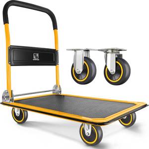 lot 4901 image: Push Cart Dolly by Wellmax, Moving Platform Hand Truck, Foldable for Easy Storage and 360 Degree Swivel Wheels with 330lb Weight Capacity, Yellow Color Retail $82