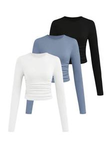 lot 4902 image: SOLY HUX Girls Long Sleeve T Shirts 3 Packs Crewneck Fall Tees Ruched Fitted Tee Shirt Tops Dusty Blue Black White 8 Years