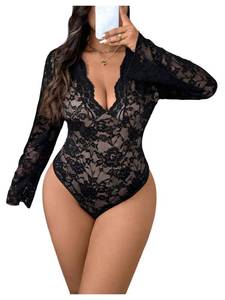 lot 4904 image: WDIRARA Womens Plus Size Sexy Floral Lace Bodysuit Deep V Neck Long Bell Sleeve Leotard Tops Black 3X-Large Plus