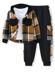 lot 4924 image: Auiopila Boy Clothes Flannel Plaid Shirt Tops Pants Set Hoodie SweatsuitWhite T-shirt 3Pcs for Fall Winter Spring Outfits 7-8Y
