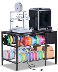 lot 4932 image: 3D Printer Table with Filaments Storage - 3D Printer Stand Filament Storage Rack Heavy Duty 3D Print Desk with Drawer for Workshop Studio Office (Black) Retail- $130