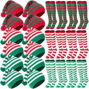 lot 4941 image: Maiteenly 24 Pcs Christmas Winter Knitted Hats with Pompom Socks Set for Adults Christmas Costume Accessories Red and Green Xmas Beanie Striped Winter Socks Bulk for Women Men Retail $43