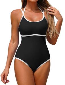 lot 4949 image: ZAFUL One Piece Swimsuit Women Tummy Control Bathing Suit Sexy Slimming High Cut Adjustable Strap Halter Swim Suit Retro Color Block Tie Back Sporty Swimwear Modest Push Up Swimsuits Black White,XS