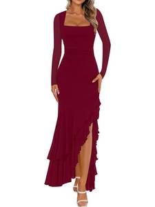 lot 4960 image: BORIFLORS Womens Bodycon Ruched Mesh Long Sleeve Maxi Dress Mermaid Ruffle Formal Cocktail Party Long Dresses, Large, Wine Red