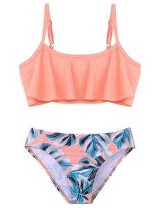 lot 2055 image: Arshiner Girls Swimsuit Two Pieces Bikini Set Ruffle Bathing Suits Flounced Tankini Swimwear Pink-Orange Monstera Print Size 9-10 - Retail $15