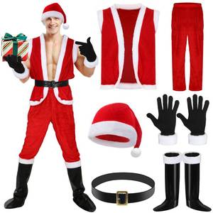 lot 2056 image: Liitrsh 6 Pcs Santa Claus Costume for Men Christmas Outfit Vest Tops Santa Hat Pant Gloves Belt Shoe Covers for Cosplay (Small) Retail $46