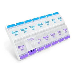 lot 2063 image: EZY DOSE Push Button (7-Day) Pill Case, Medicine Planner, Daily Vitamin Organizer, 2 Times a Day AMPM, X-Large Compartments, Arthritis Friendly, Easy to use, Clear Lids, Purple and Blue, BPA Free - Retail $7