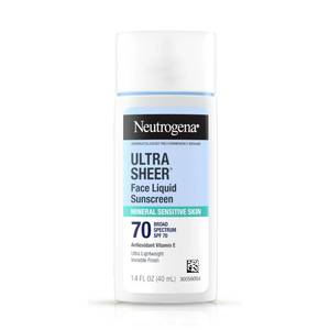 lot 2069 image: Neutrogena Ultra Sheer Liquid Mineral Sunscreen For Face, Lightweight, Broad Spectrum SPF 70 Facial Sunscreen for Sensitive Skin Leaves a Silky, Non-Greasy Finish, Oxybenzone-Free Sun Care, 1.4 fl. oz - Retail $14