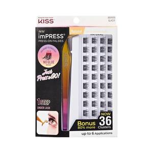 lot 2091 image: KISS imPRESS Falsies Press On Self Adhesive Eyelashes, 12mm-14mm Natural Volume Press On Lashes, Black, No Glue Needed, Invisible Band, 23 Lash Clusters & Non-Stick Applicator - Natural - Retail $15